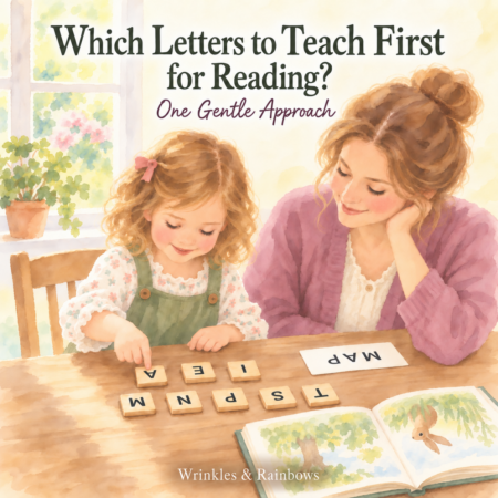 Storybook watercolor illustration of a mother helping her child practice reading with letter tiles A, E, I, M, N, P, S, and T and a MAP word card - for which letters to teach first in reading